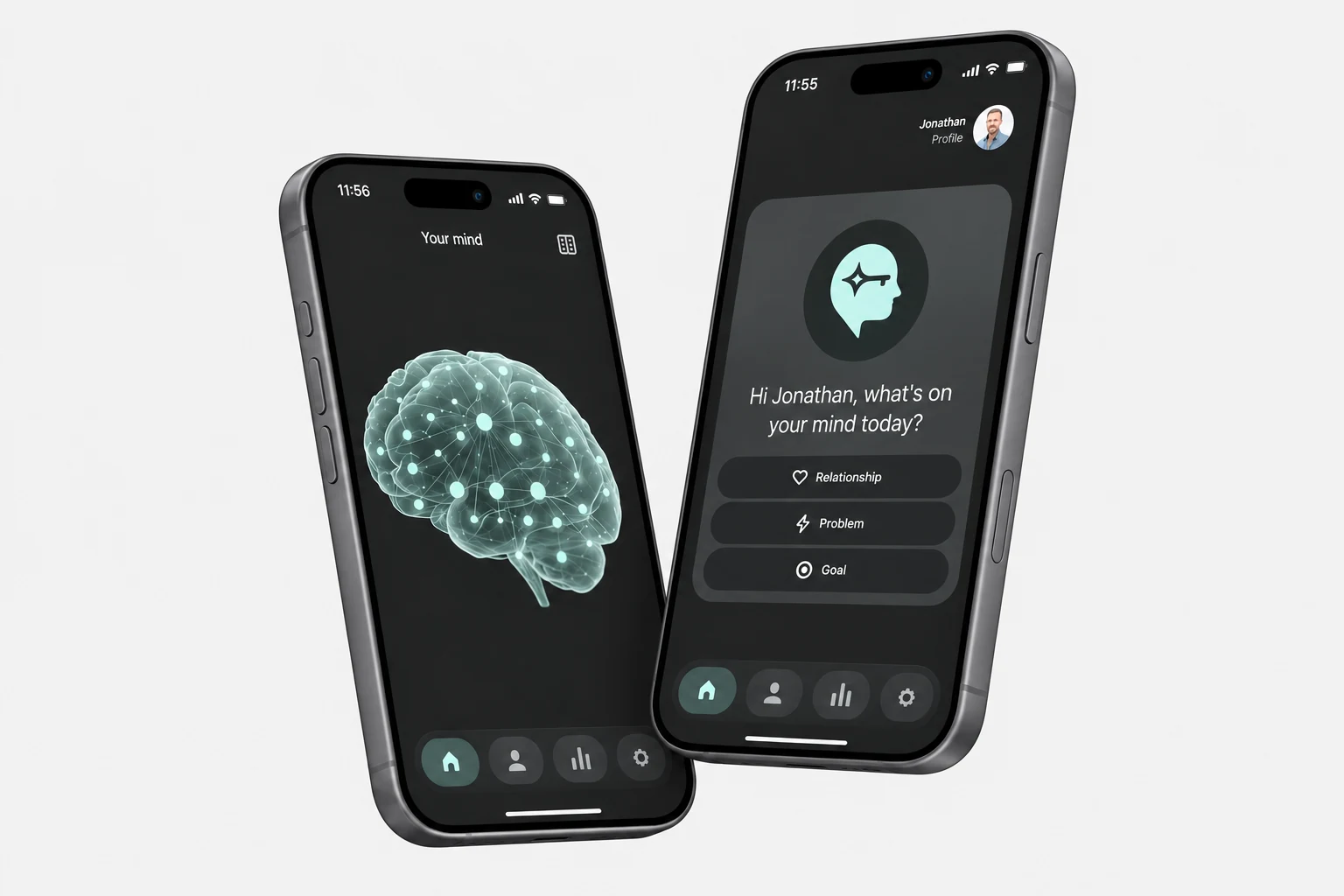 SelfCode app render showing a brain visualisation and a guided conversation on two phones.